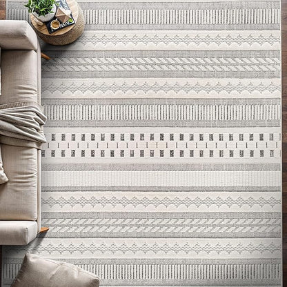 Beverly Rug Micro Loop Area Rug Gray/White 9x12 Geometric Modern Scandinavian Striped Durable Soft Indoor Rugs for Living Dining Room Office Stain Resistant Non Shedding Casual Indoor Carpet 9 x 12