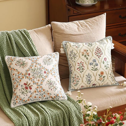 ISAENNE Design Linen Throw Pillow Covers 18"x18", Square Farmhouse Cushion Covers with Red Pink Yellow Watercolor Wildflower Pattern Decor Pillowcases for Bed,Living Room,Outdoor,Car
