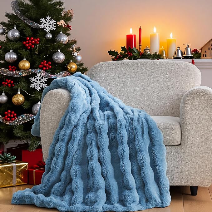 Lotus Karen Faux Fur Throw Blanket Sky Blue - Big Bubble Rabbit Fluff Blanket for Couch Bed Sofa,Softest Fluffy Fuzzy Cozy Blanket,Thick Furry Plush Shaggy Warm Blankets for Women,60x80 Inches