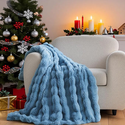 Lotus Karen Faux Fur Throw Blanket Sky Blue - Big Bubble Rabbit Fluff Blanket for Couch Bed Sofa,Softest Fluffy Fuzzy Cozy Blanket,Thick Furry Plush Shaggy Warm Blankets for Women,60x80 Inches