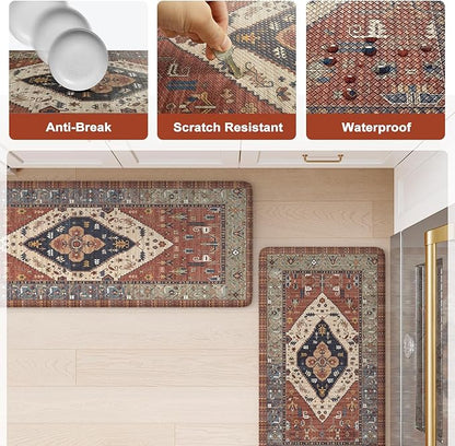 KIMODE Farmhouse Kitchen Mats,Anti Fatigue Kitchen Rugs Sets of 2, Non Slip Waterproof Kitchen Floor Mats, Ergonomic Cushioned Comfort Standing Mat for Laundry, Office, Sink,Desk,Red