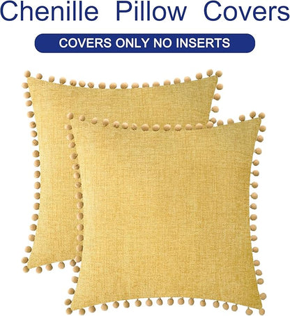 CaliTime Throw Pillow Covers Decorative 22 X 22 Inches Pack of 2 Cozy Solid Dyed Soft Chenille Cushion Cases with Pom Poms for Couch Sofa Bed Living Room Home Gold