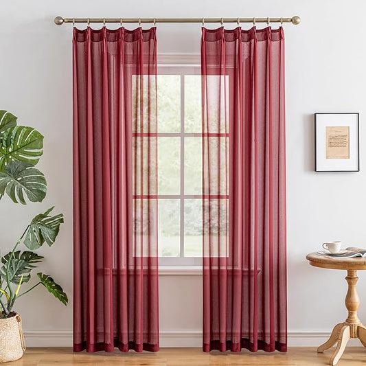 MAIHER Red Pleated Sheer Curtains 90 Inch Length for Bedroom Soft Touch Light Filtering Lightweight Pinched Pleated Drapes with Adjustable Hooks for Living Room, Burgundy, 42" W x 90" L, 2 Panels