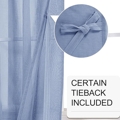 XWZO Sheer Curtains for Bedroom, Grommet Semi Transparent Faux Linen Window Curtains & Drapes for Living Room, Children's Room with Tiebacks, Dusty Blue, W52 x L90, Set of 2 Drape Panels