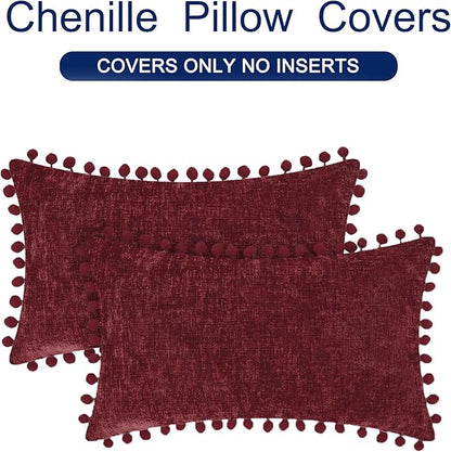 CaliTime Christmas Throw Pillow Covers Decorative 20 X 12 Inches Pack of 2 Cozy Solid Dyed Soft Chenille Cushion Cases with Pom Poms for Couch Sofa Bed Living Room Home Burgundy