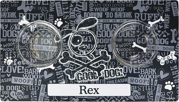 Drymate Personalized Pet Bowl Placemat, Custom Dog & Cat Food Feeding Mat - Absorbent Fabric, Waterproof Backing - Machine Washable/Durable (USA Made) (16" x 28") (Cross Bones - Black)