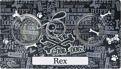 Drymate Personalized Pet Bowl Placemat, Custom Dog & Cat Food Feeding Mat - Absorbent Fabric, Waterproof Backing - Machine Washable/Durable (USA Made) (16" x 28") (Cross Bones - Black)