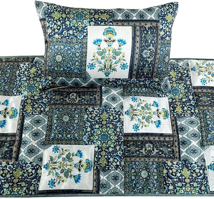 The HomeCentric King/Queen/Twin Blue Designer Full 68"x18" Bed Runner with Pillow Cover, Perrsian Pattern & Quilted Bed Scarf on Satin Fabric - Bahar
