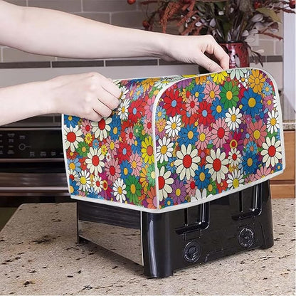 Daisy Flowers Printed Toaster Cover 4 Slice Wide Slot, Washable Kitchen Appliance Small Oven Bakeware Protector, Bread Maker Cover Dust and Fingerprint Protection