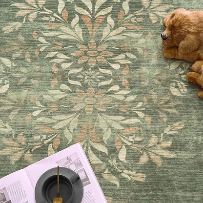 jinchan Round Rug 5ft Area Rugs Vintage Floral Distressed Design Machine Washable Soft Non-Slip Low-Pile Ultra-Thin Christmas Circle Rug for Entryway Living Room Dining Room (5' Round, Dark Green)