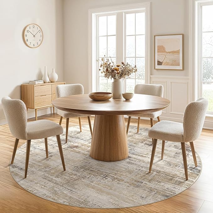 6ft Round Area Rug for Living Room: 6x6 Washable Neutral Abstract Modern Soft Rugs Non Slip Indoor Floor Stain Resistant Carpet for Bedroom Dining Room Office Nursery - Golden Brown