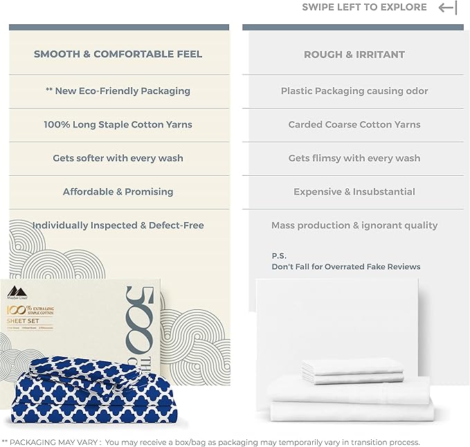 Mayfair Linen 100% Cotton Printed Bed Sheets Twin XL Set - 500 Thread Count Cotton Twin XL Sheets Only, 3 PC Set (Quatrefoil Navy Print), Soft, Cooling, Sateen Weave 16" Deep Pocket Dorm Room Bedsheet