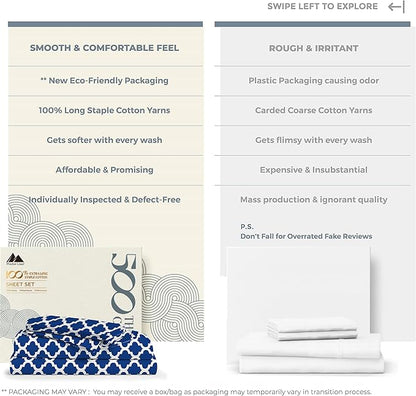 Mayfair Linen 100% Cotton Printed Bed Sheets King Size Set - 500 Thread Count Cotton Sheets for King Size Bed, 4 PC Set (Quatrefoil - Navy), Soft, Cooling, Sateen Weave 16" Deep Pocket Bedsheet