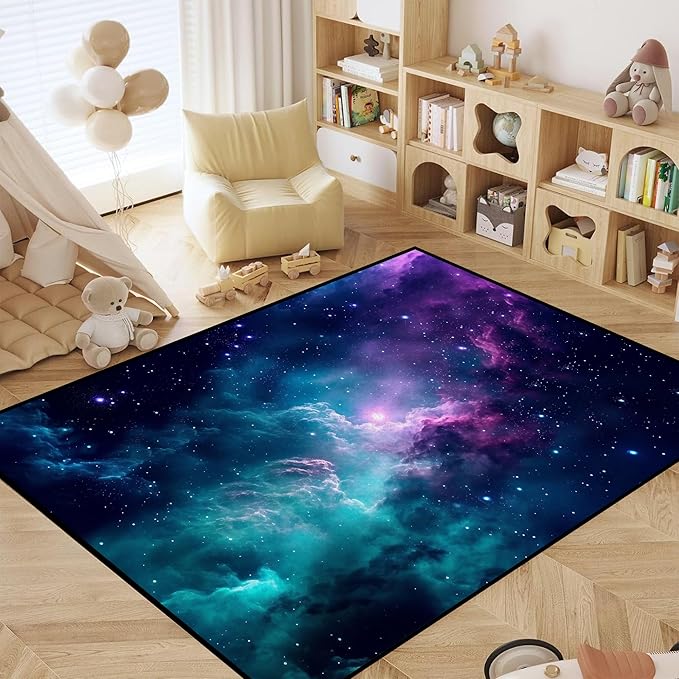 4' X 6' Galaxy Area Rug for Kids Bedroom Dark Blue Starry Sky Carpets Living Room Large Glitter Outer Space Throw Rugs Floor Mat 71 in x 47 in