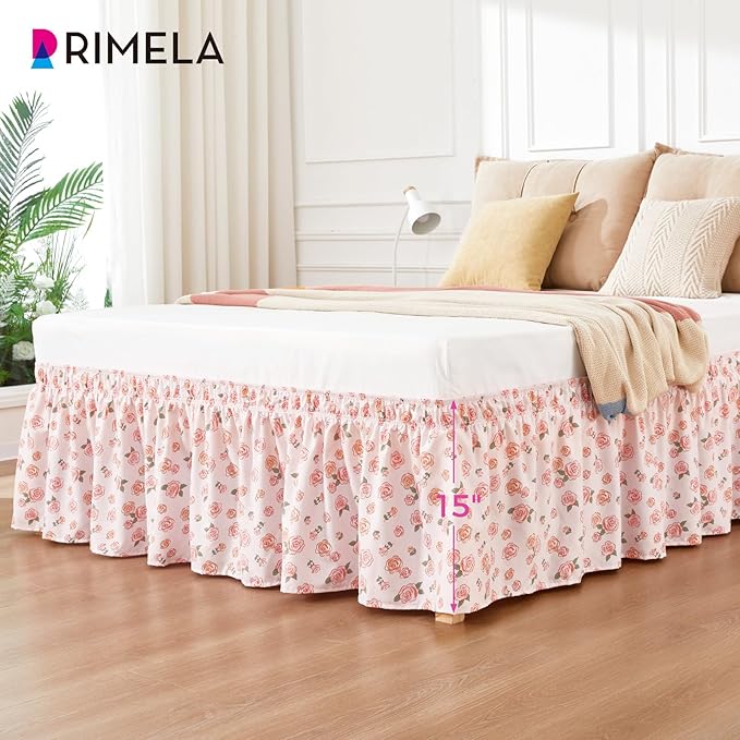 RIMELA Pastel Rose Bed Skirt Queen Size 15 Inch Drop, Elastic Bed Skirting for Bed Frame, Bedding Dust Ruffle Easy to Install, Lightweight Wrap Around Adjustable Bedskirt,Bedroom Decor