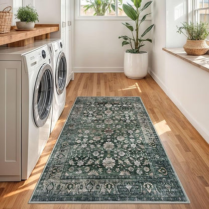KUTA 3x5 Rugs for Entryway, Vintage Floral Dark Green Area Rug Washable Non-Slip Ultra Thin Soft Printed Distressed Entry Low-Pile Throw Carpet for Bedroom Nursery Living Room