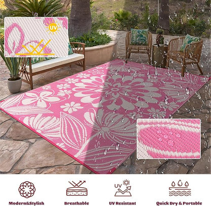 Ileading Outdoor Plastic Straw Rug 8x10ft Funny Floral Style Reversible Patio Area Rugs Waterproof Non Shedding Portable Carpets for Rv Outside Deck Pool Beach Picnic Camping (Pink)