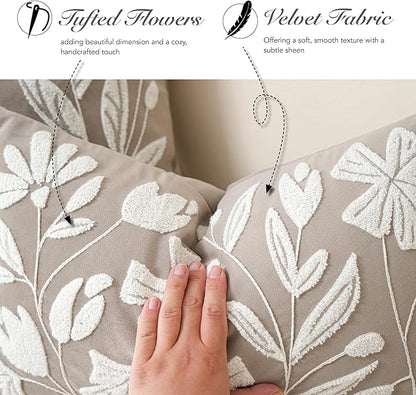 BlissBlush Taupe Velvet Decorative Throw Pillow Cover 20X20, Neutral Brown Flower Tufted Soft Farmhouse Textured Pillowcase, Accent Pillowcase for Couch Sofa Bed Living Room