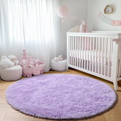 ONASAR Light Purple Round Area Rugs 5ft, Soft Bedroom Circle Rug Floor Mats for Kids Girls Teen, Cute Fluffy Plush Shaggy Carpet for Nursery Dorm Living Room Playroom Home Decor Princess Castle