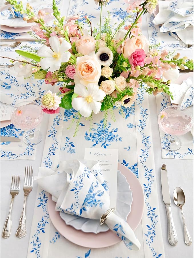 Solino Home Blue Floral Print Table Runner 48 inch - 100% Pure Linen Table Runner 14 x 48 Inch - Handcrafted and Machine Washable - Jolie Fleur Print