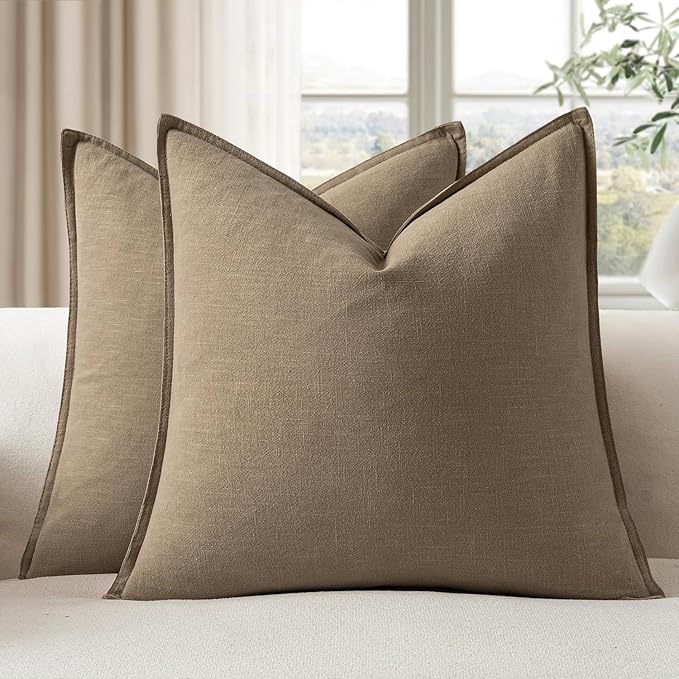 EMEMA Decorative Linen Throw Pillow Covers 26x26 Inch Curry Boho Farmhouse Neutral Couch Throw Pillows for Bed Pack of 2 Accent Pillowcase Modern Sofa Cushion Livingroom Home