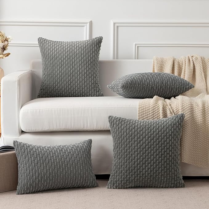 Kevin Textile 12x20 Inch Pillow Cover 1 Pack Boho Decorative Soft Striped Corduroy Lumbar Farmhouse Accent Rectangle Cushion Case for Living Room Couch Sofa Bed, Dark Grey