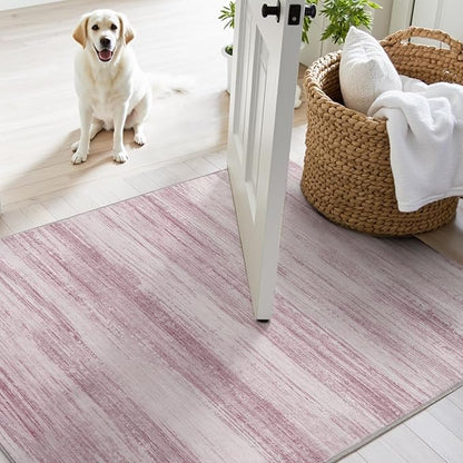 PADOOR Modern Abstract Area Rug - 3x5 Washable Rugs Non-Slip Small Carpet, Ultra Soft Low Pile Floor Rugs for Entrance Front Door Bedroom Bedside Laundry Room Pink