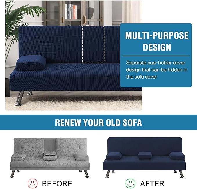 H.VERSAILTEX 4 Pieces Stretch Futon Covers Sofa Bed Slipcover with Removable Armrests and Cupholders Covers Furniture Protector High Spandex Small Checks Jacquard Fabric, Navy