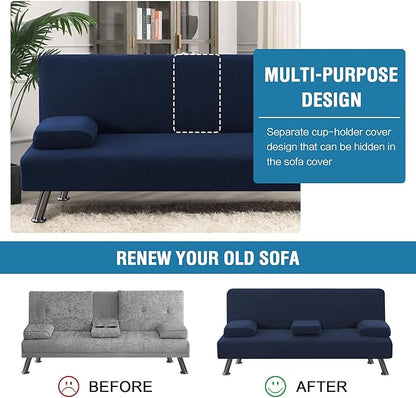 H.VERSAILTEX 4 Pieces Stretch Futon Covers Sofa Bed Slipcover with Removable Armrests and Cupholders Covers Furniture Protector High Spandex Small Checks Jacquard Fabric, Navy