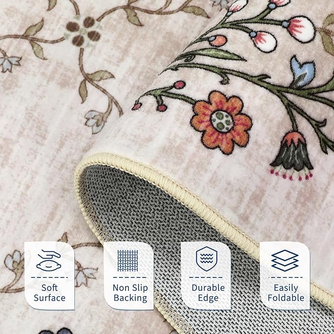 GarveeHome 2x6 Washable Floral Runner Rugs for Hallway: Modern Floral Non Slip Large Runner Rugs for Kitchen, Large Machine Washable Hallways Low Pile Carpet with Non-Slip Backing Beige 2 ft x6 ft.
