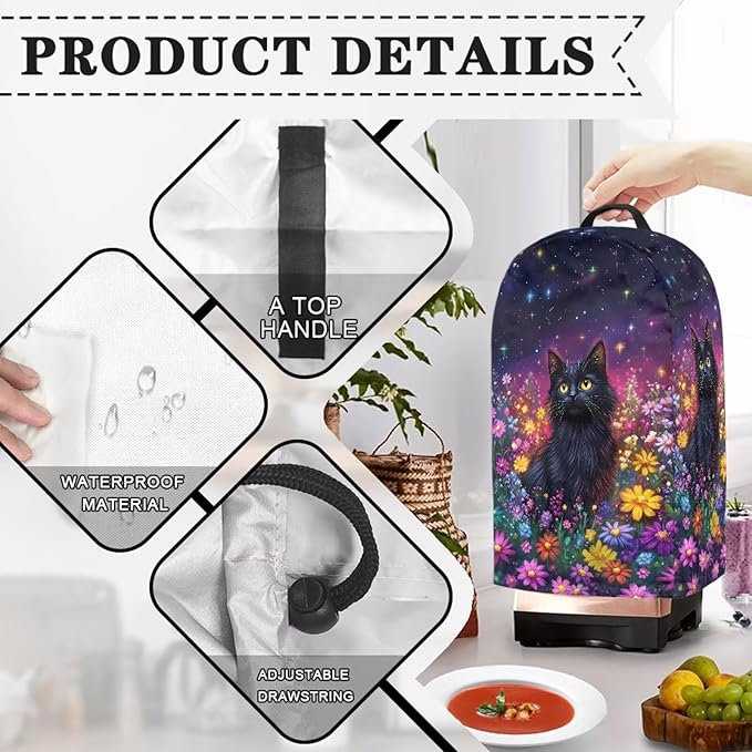 Starry Sky Black Cats Blender Cover for Kitchen Small Appliance Dustproof Dust Cover Durable Foldable Dust Anti Fingerprint Polyester Dust Proof Blender Cover Purple Flower Field