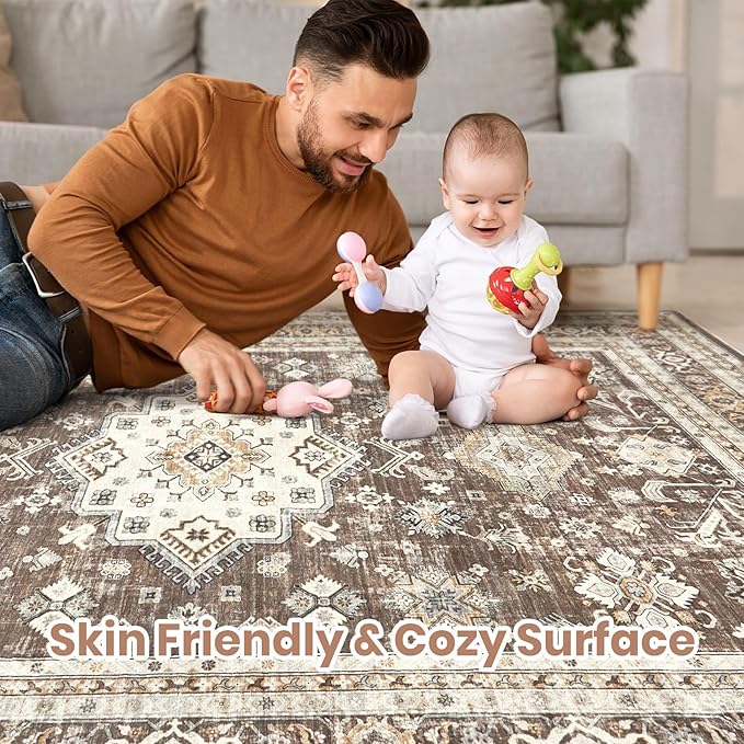 Vintage Living Room Area Rug 6x9 - Large Soft Washable Oriental Traditional Distressed Farmhouse Rugs for Bedroom - Indoor Floor Accent Carpet for Home Office House Decor - Dark Brown
