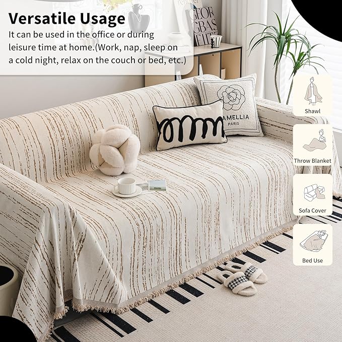 Chenille Couch Cover Pet Friendly, Sofa Cover Washable, Reversible Sofa Slipcover for Sectional Sofa, Loveseat, 2 or 3 Cushion Couch, Corner Sofa, Futon Cover (71" X 118", Khaki)