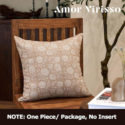 Amor Virisso Floral Pillow Covers 18x18 Throw Pillow Covers Vintage Block Print Pillow Cover Neutral Couch Pillows for Living Room Farmhouse Decorative Accent Sofa Pillows, Light Camel