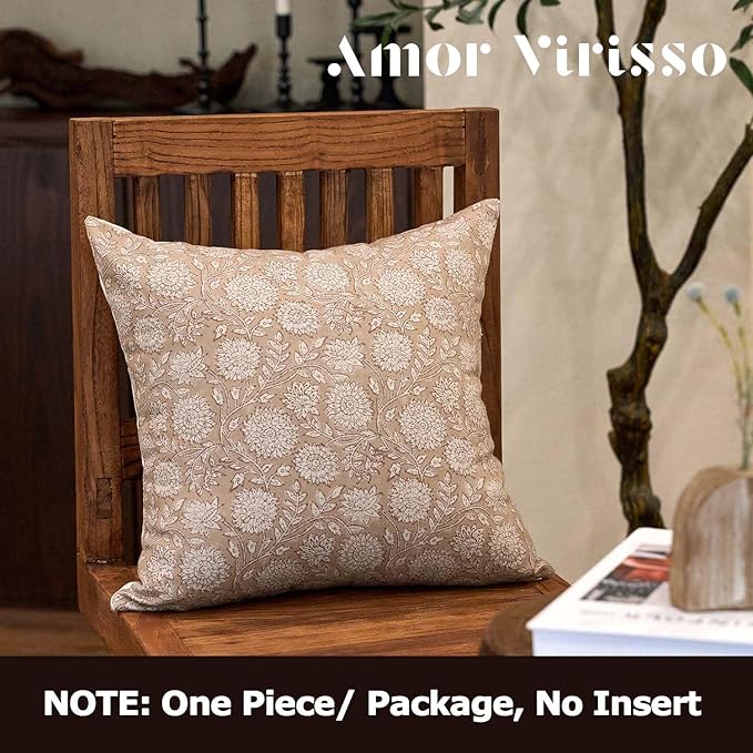 Amor Virisso Floral Pillow Covers 24x24 Throw Pillow Covers Vintage Block Print Pillow Cover Neutral Couch Pillows for Living Room Farmhouse Decorative Accent Sofa Pillows, Light Camel