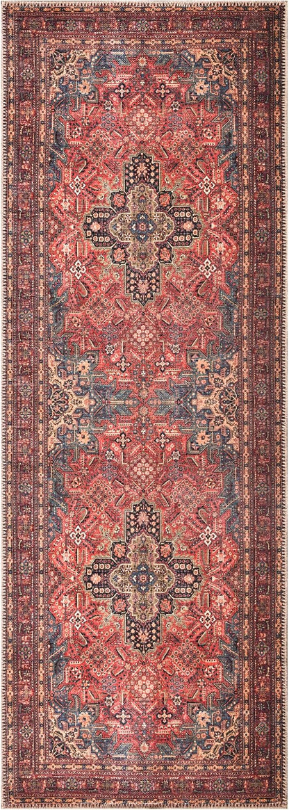 Bloom Rugs Washable Non-Slip 10 ft Runner - Red/Teal Blue/Yellow Traditional Medallion Runner for Entryway, Hallway, Bathroom, and Kitchen - Exact Size: 2.5' x 10'