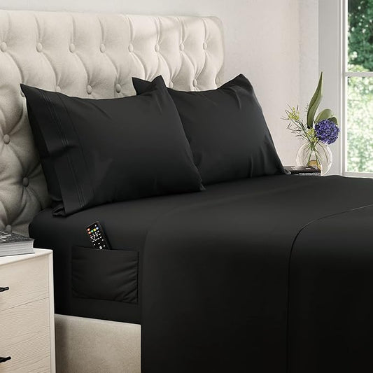 DREAMCARE Twin Sheets - Cooling Bed Sheets - 4pc Set - up to 15" Deep Pocket - Soft & Long Lasting 100% Fine Brushed Polyester with Side Pocket - Black