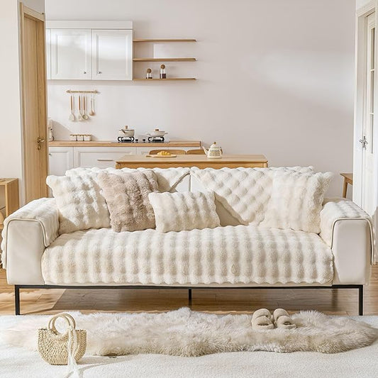 Faux Fur Decorative Throw Pillow Cover Plush Thick Bubble Pillow Covers Luxury Soft Cozy Accent Pillowcase for Spring Sofa Living Room Couch Bed (Ivory,18"x18")