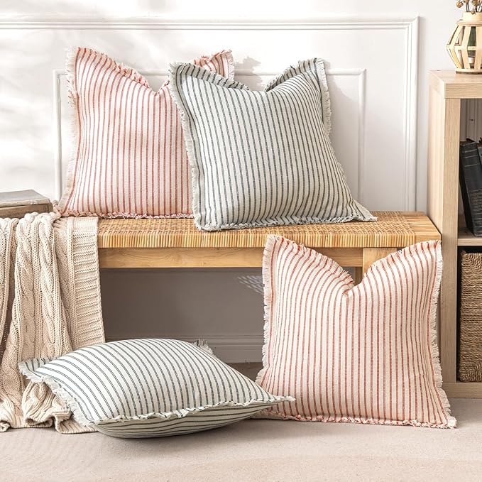 MIULEE Pack of 2 Christmas Red Pillow Covers 20x20 Inch Striped Farmhouse Couch Throw Pillow Covers with Fringe Chic Linen Decorative Cushion Covers for Sofa Living Room Bed Outdoor Home Decor
