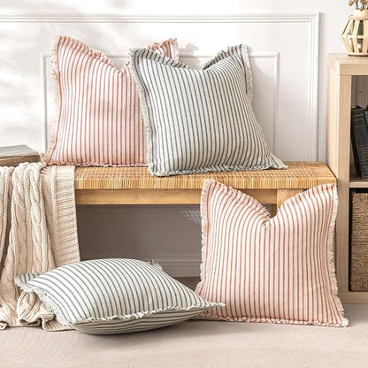 MIULEE Pack of 2 Christmas Red Pillow Covers 20x20 Inch Striped Farmhouse Couch Throw Pillow Covers with Fringe Chic Linen Decorative Cushion Covers for Sofa Living Room Bed Outdoor Home Decor