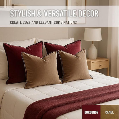 2 Pack Velvet Decorative Throw Pillow Covers, 18"x18", Camel and Brown, Solid, Modern, Contrast Piping, Indoor Use, Bedroom & Living Room