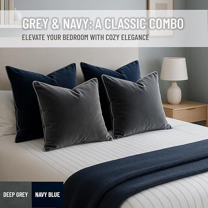 2 Pack Velvet Decorative Throw Pillow Covers, 18"x18", Deep Grey, Solid, Modern, Contrast Piping, Indoor Use, Bedroom & Living Room