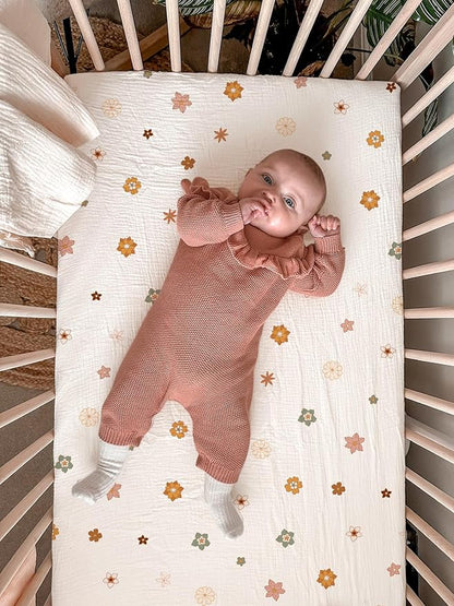 Bassinet Sheet for Baby Boy and Girl 2 Pack, Fitted Sheets for Rectangle, Oval, Hourglass Bassinet Mattress, Muslin Moses Basket Sheets with Neutral Style (Sage & Flower-B)