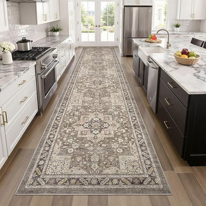 Vintage Hallway Runner Rug 3x10: Large Soft Washable Entryway for Kitchen Laundry Room Non-Slip Backing Runner for Entrance Living Room Bedroom Bathroom - Brown