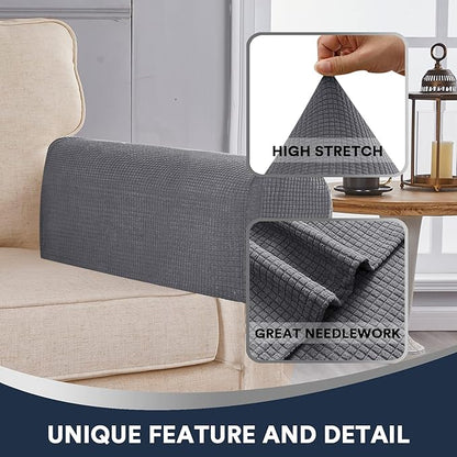 Stretch Sofa Arm Covers Spandex Jacquard Anti-Slip Couch Arm Covers with Sticker Furniture Armrest Protector for Sofa Couch Chair Recliner, Set of 2, Grey