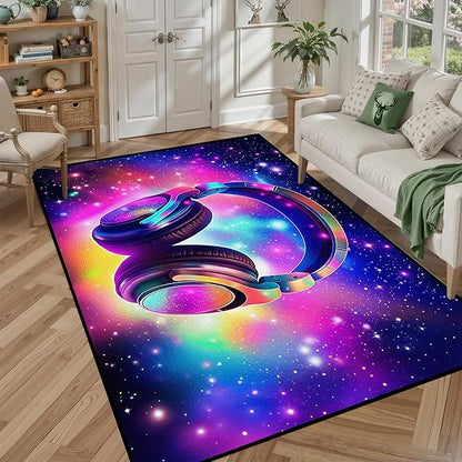 5' X 7' Galaxy Game Area Rug Music Headphone Rugs Colorful Throw Rug Non-Slip Carpet Doormats for Living Room Bedroom Apartment Dorm Floor Mat