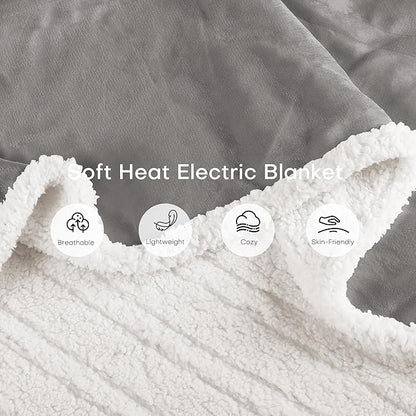 Electric Heated Blanket Twin Size 62"x84" - Dual-Sided with Microplush & Sherpa Fabric, 4 Heat Settings & 10 Hours Auto Off, Machine Washable - Light Gray