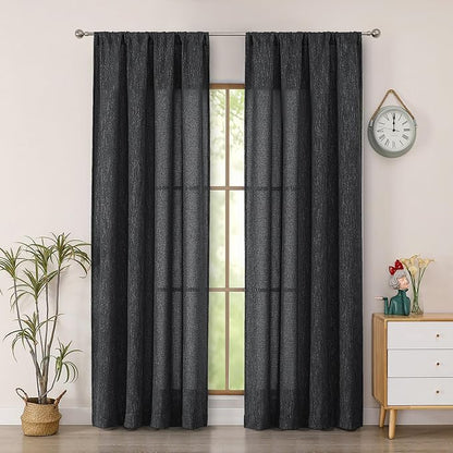 Simplebrand Black Faux Linen Textured Semi Sheer Curtains 72 Inches Long 2 Panels Set, Light Filtering Privacy Farmhouse Curtains, Soft Window Drapes Rod Pocket Top for French Door, Bedroom, 40W x 72L