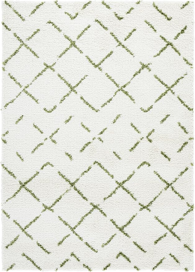 SAFAVIEH Arizona Shag Collection Area Rug - 6'7" x 9'2", Ivory & Green, Moroccan Boho Design, Non-Shedding & Easy to Clean, Ideal for Living Room, Bedroom, Dining Space (ASG743Y)