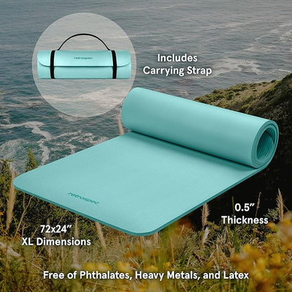 Retrospec Solana Yoga Mat Thick 1/2in Non-Slip Workout Mat with Nylon Strap - 72x24in Exercise Mat for Pilates, Stretching & Fitness - BPA Free, Easy Clean